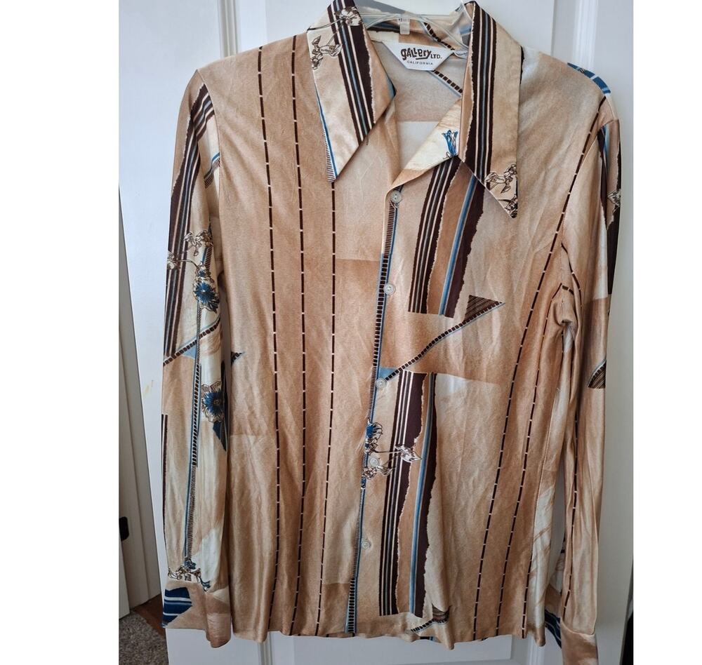 Vintage Gallery Ltd 70s Geometric Brown Blue Dagger Collar Satin